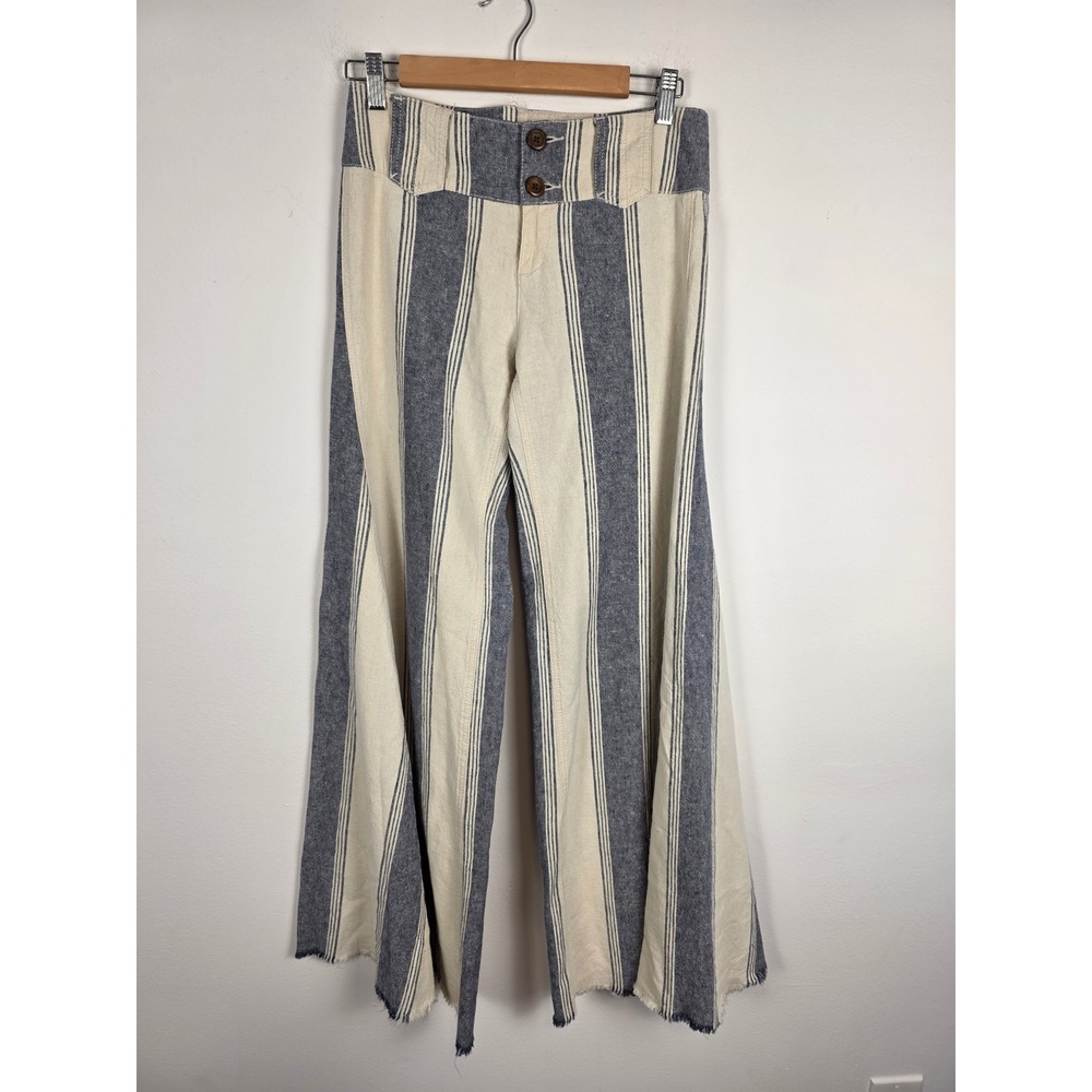 Free People Striped Wide Leg Flare Pants Size 0 Raw Hem High Waist Boho Chic